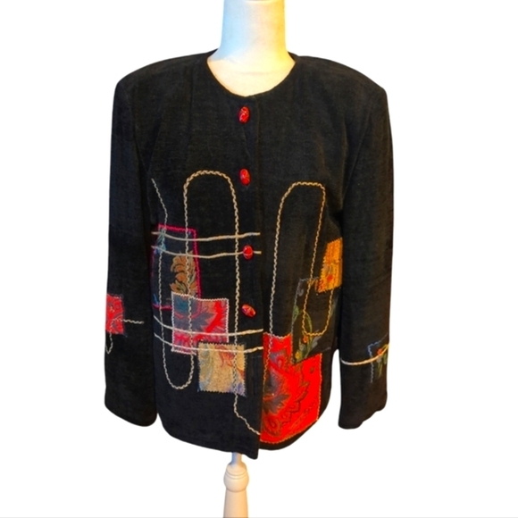 Vtg 90s patchwork bohemian indie Embellished black unique blazer sz L - Picture 8 of 9